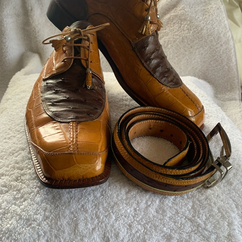 Mauri men’s two tone, genuine Alligator/Ostrich dress shoe and matching belt.
